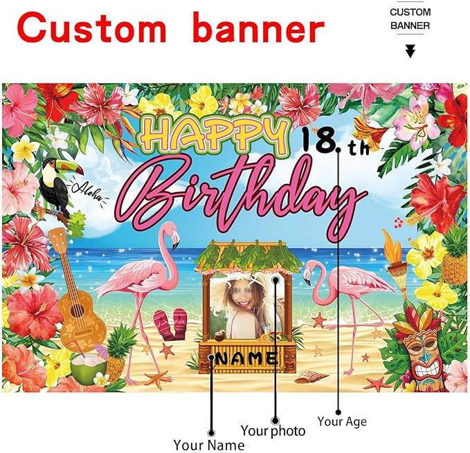 Custom Happy Birthday Banner Flamingo Themed Party Decoration Backdrop Party Supplies Tropical Floral Photo Booth Hawaiian Themed Party Decoration for Luau Beach (5x7.5ft)