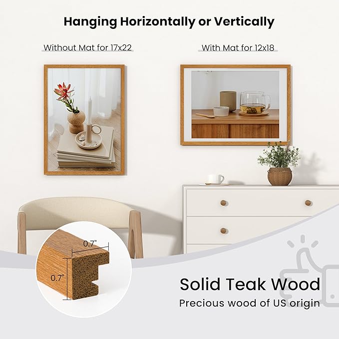 Axeman 17x22 Picture frame with mat for 12x18, Tempered Glass and Hanging Hardware Included Natural Teak Home Decor Art Hanging Frame, Natural Teak