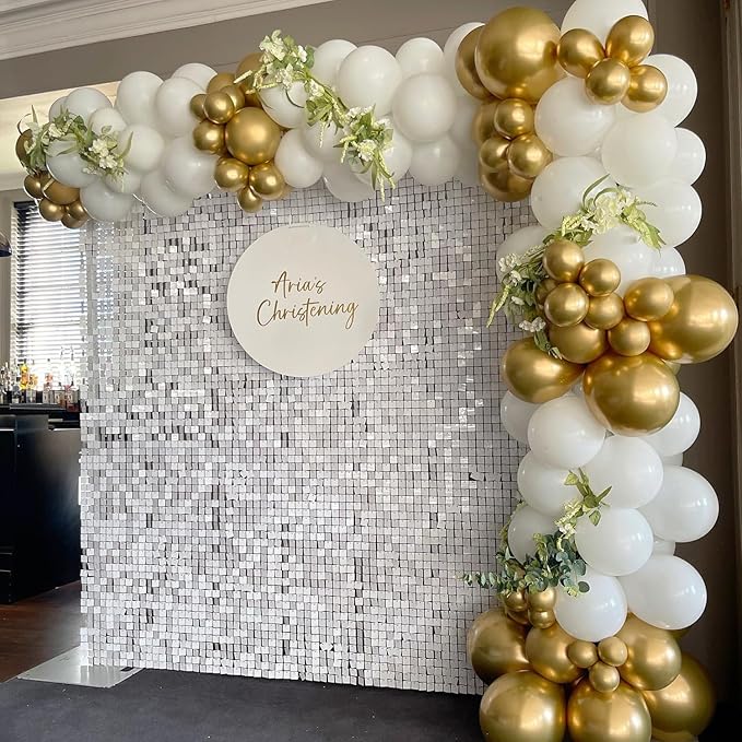 COKAOBE Mirror White Shimmer Wall Backdrop, 24PCS Square Sequin Shimmer Backdrop Panel, Photo Backdrops for Birthday, Anniversary, Wedding, Graduation & Bachelorette Party Decoration