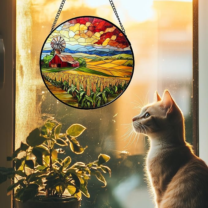 Stained Glass Window Hanging Autumn Farm Corn Harvest Landscape Large 11.8" - Suncatcher Garden Door Sun Catcher Home Decor Birthday Christmas for Woman Mom Friend Men Nana