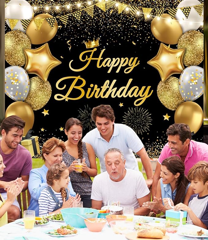 Chloroplastid 10x8ft Happy Birthday Backdrop Banner for Men Women Boys Girls Black and Gold Balloons Birthday Backdrop for Kids Children Birthday Party Background Decorations