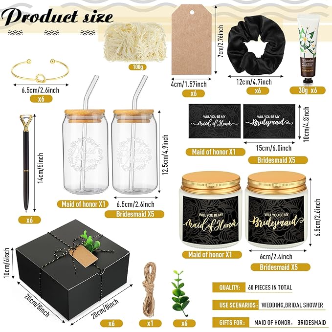 60 Pcs Bridesmaid Proposal Gifts Bridesmaid Box Set, Maid of Honor Gifts Include Box Glass Cup Candle Cards Scrunchies Hair Knotted Bracelets Hand Cream Diamond Pens(Black)