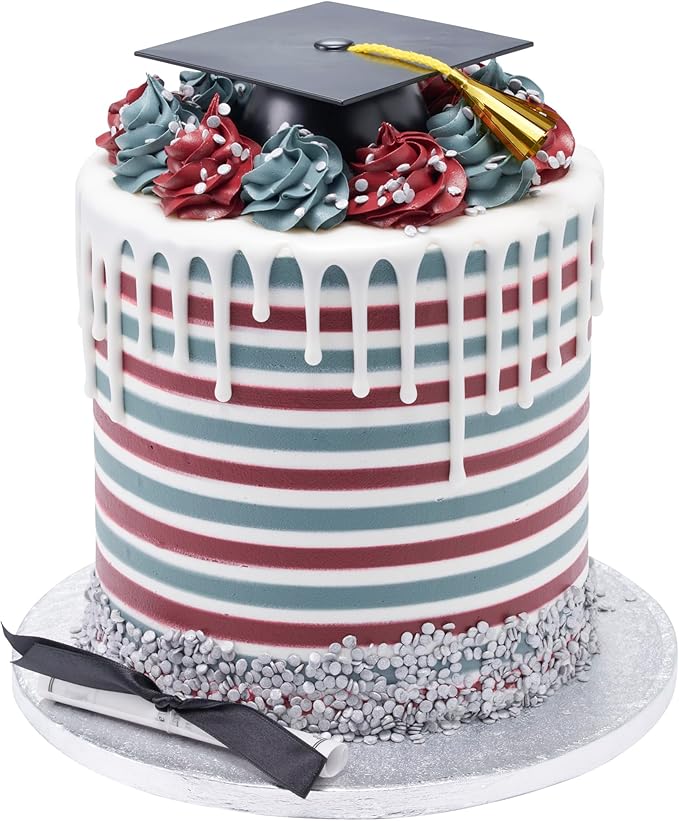 DecoPac Black Grad Cap with Tassels Cake Topper, Elegant Graduation Hat Cake Decoration, Food Safe, Pack of 12 (22422)