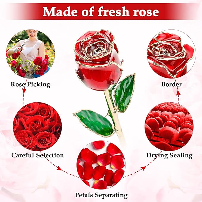 Valentine Gift Real Rose Dipped 24K Gold ，Best Valentines Rose Gift for Her Wife Mother Women，Forever 24k Rose with Crystal Stand-Red