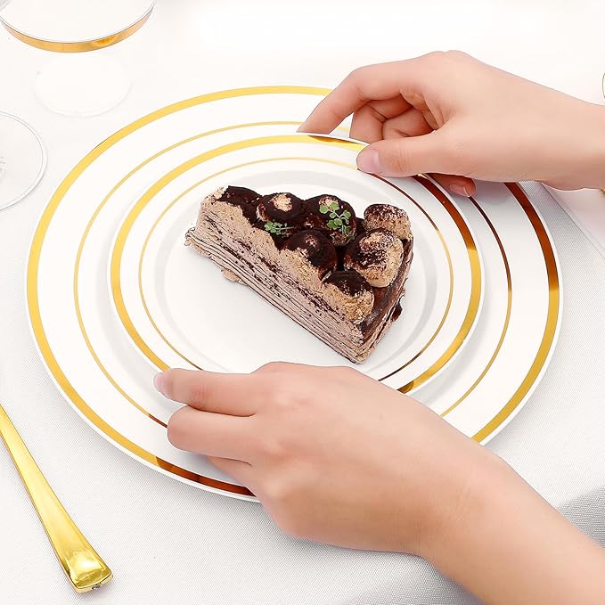 350-Piece Gold Rim Plastic Dinnerware Set for 50 Guests, Elegant Disposable Dinnerware for Party, Wedding. Includes Dinner Plates, Dessert Plates, Gold Silverware, Napkins, Cups