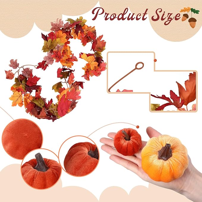 2 Pcs Artificial Maple Leaf Rattan Garland 24 Harvest Velvet Foam Fabric Pumpkins Decorative for Home Farmhouse Fireplace(Orange)