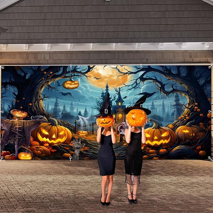 7x16 FT Garage Door Banner - Scary Night Full Moon Halloween Decorations - Large Castle Pumpkins Banner Backdrop