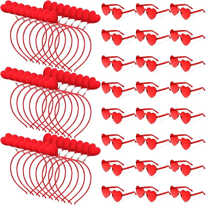 Yunsailing 48 Pcs Valentines Day Heart Headband Boppers and Heart Shape Sunglasses Valentines Accessories Costume Photo Prop(Red)