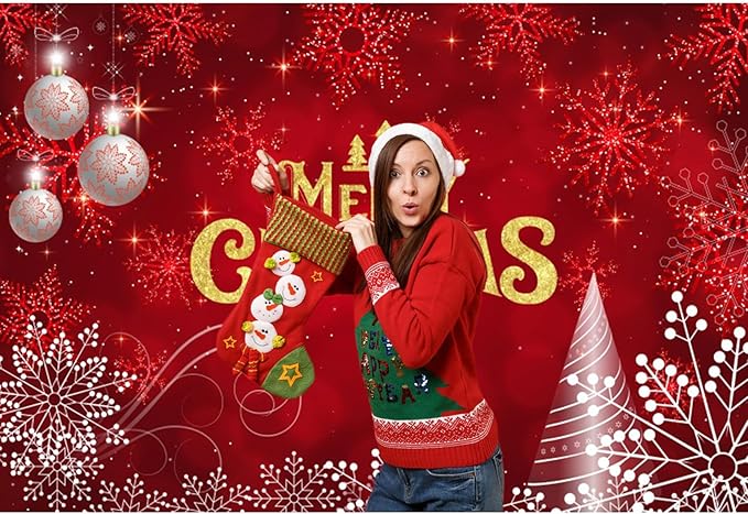 Baocicco 12x8ft Merry Christmas Photo Background Red Gold Xmas Winter Festival Snowfalke Baubles Backdrop Photography Family Holiday Party Banner New Year Photo Booth Background Party Decorations