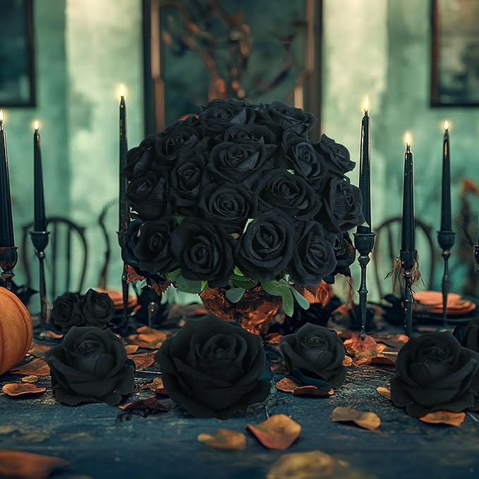 50 PCS Fake Black Roses, Artificial Flowers Bulk Halloween Decorations Realistic Silk Faux Black Roses with Stems for Gothic Wedding Party Decor, Bridal Bouquets DIY Floral Arrangement Home Decor