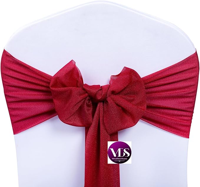 VDS Pack of 25, Apple Red, Sheer Chiffon Chair Sashes Bows Chair Cover Back Tie Ribbon for Wedding Birthday Baby Shower Engagement Ceremony Event Party Banquet Restaurant Dining Chair Decoration