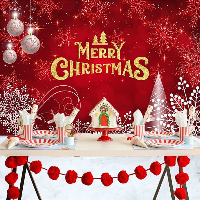 Baocicco 8x6.5ft Merry Christmas Photo Background Red Gold Xmas Winter Festival Snowfalke Baubles Backdrop Photography Family Holiday Party Banner New Year Photo Booth Background Party Decorations