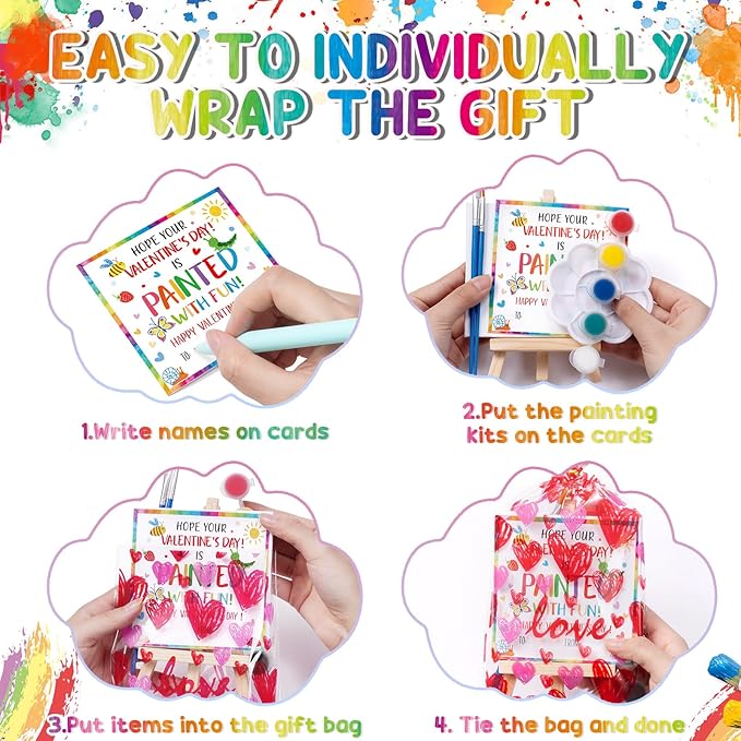 Valentines Day Gifts for Kids, 24 Set Mini Acrylic Paint Kit with Valentines Day Cards, Wood Easel, Canvases, Painting Kits for Kids Girls Boys, Party Favor Valentine Exchange Gift Class Prize