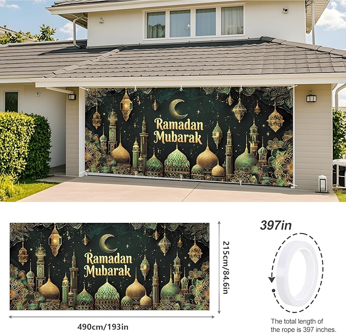 Ramadan Mubarak Garage Door Banner 7x16FT, Islamic Crescent Moon & Lanterns Design, Outdoor Decoration for Ramadan and Eid Celebrations