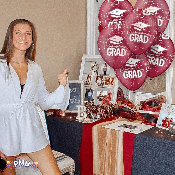 PMU 100 Pcs Crystal Burgundy Graduation Balloons Class of 2025 with All-Over Print White Grad Caps-Confetti and Streamers | Graduation Party Supplies | Congratulations Grad Latex Balloons Latex