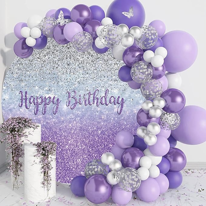 Renaiss Purples Happy Birthday Round Backdrop Cover 6ft Polyester Fabric Shiny Purples and Silver Sequins Circle Backdrop Cover Bday Sign Photo Background for Gorgeous Happy Birthday Party Decorations