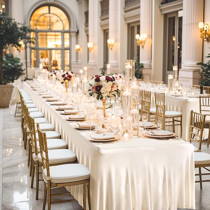 4 Packs Ivory Table Clothes for 8 Foot Rectangle Tables, One-Piece Wrinkle Resistant Stretch Spandex Table Covers with Skirt for Event Banquet Wedding Birthday Party