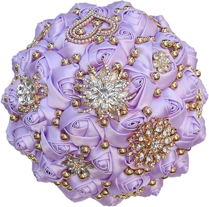 Bridal Wedding Bouquet for Bride Bridesmaid Wedding Quinceanera Throw Toss Artificial Rose Flower Bunch with Bling Brooch (07G#Light Purple, Medium (Dia. 8.7"/22cm))