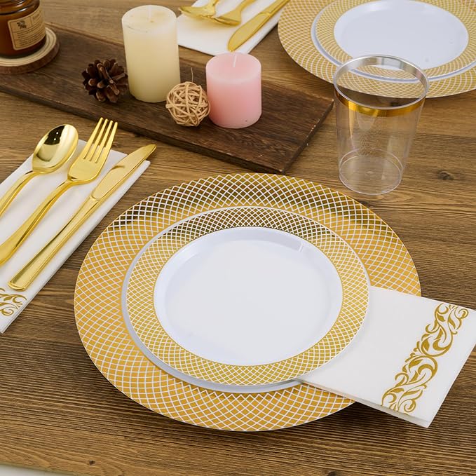 FOCUSLINE Gold Plastic Plates Set of 102, Disposable Plates with Gold Grid Rim 51 Dinner Plates 10" and 51 Salad Dessert Appetizer Plate 7", Elegant Fancy Heavy Duty Wedding Party Plate