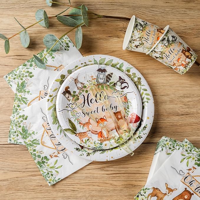 350 Pieces Woodland Baby Shower Decorations Set Serves 50 Guests, Forest Theme Party Supplies Tableware with Plates, Cups, Napkins, Disposable Tableware