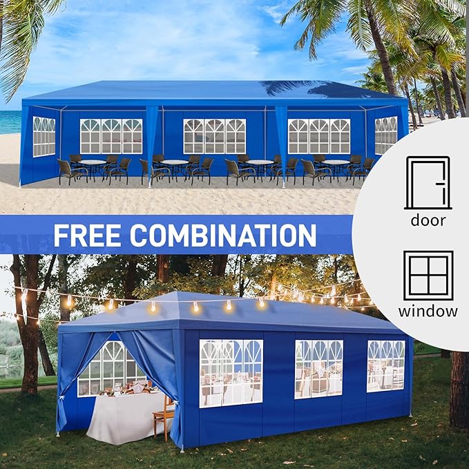 Party Tent for Outdoor Weddings, Birthdays, Events - Patio Gazebo Carport Canopy Shade With Removable Sidewalls & Transparent Window (10'x30'/8 Sidewalls Blue)