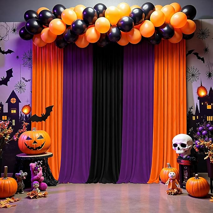 Halloween Backdrop Curtain - 10×10ft Black Orange Purple Party Background Decor for Spooky Parties, Photo Booths, Home Haunted House, Reusable Holiday Wall Decoration for Adults Teens