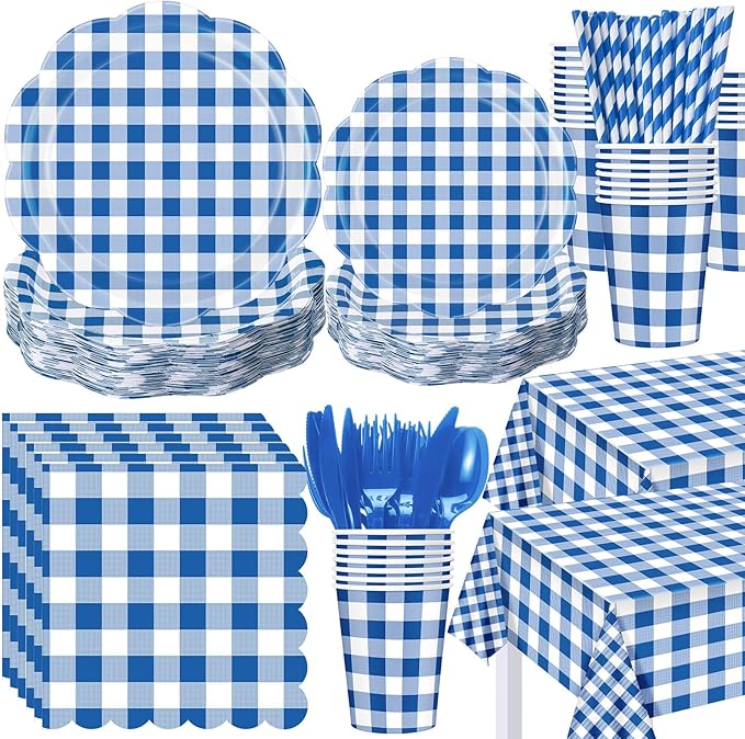 452 Pcs Blue Gingham Party Supplies for 50, Dark Blue and White Gingham Checkered Paper Plates Napkins Cups Tablecloth Cutlery Straws for Birthday Family Picnic Barbecue Party Decoration