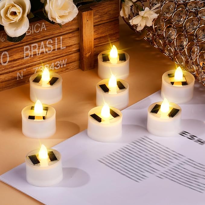 54 Pcs Solar Tea Lights Bulk Outdoor Waterproof Rechargeable Dusk to Dawn Lighting Small Valentine's Day Flameless Flickering LED Votive Candles for Garden Patio Party Lanterns (Warm White)