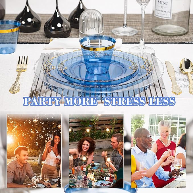 350PCS Gold and Blue Plastic Plates, Gold Plastic Dinnerware Sets for 50 Guests, 100 Disposable Plates, 150 Silverware, 50 Cups, 50 Napkins for Party and Wedding