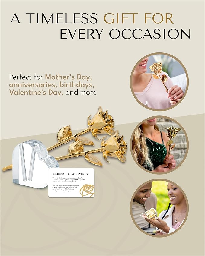 Forever Rose 24K Gold Dipped Real Rose, Handmade, Long-Lasting Preserved Flower in Acrylic Heart (Two Rose) & Gold Box, Romantic Gift for Anniversary, Mother's Day, Birthday, Wedding, Wife, Girlfriend