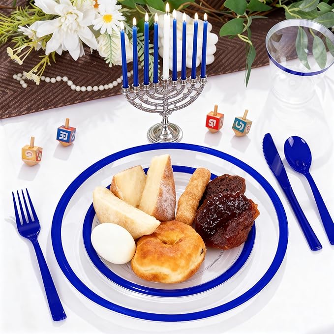 I00000 210 Pcs Dark Blue Plastic Plates, Clear Disposable Plates for 30 Guests, Blue Dinnerware Include 30 Dinner Plates 30 Dessert Plates, 30 Cups, 30 Pre Rolled Napkins with Cutlery Set for Party
