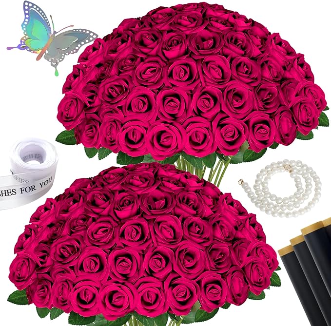 50 Pcs Fake Burgundy Red Roses Artificial Flowers Bulk, Faux Velvet Silk Rose Bouquet with Long Stems Real Look for Wedding Party Centerpieces Vases Decor