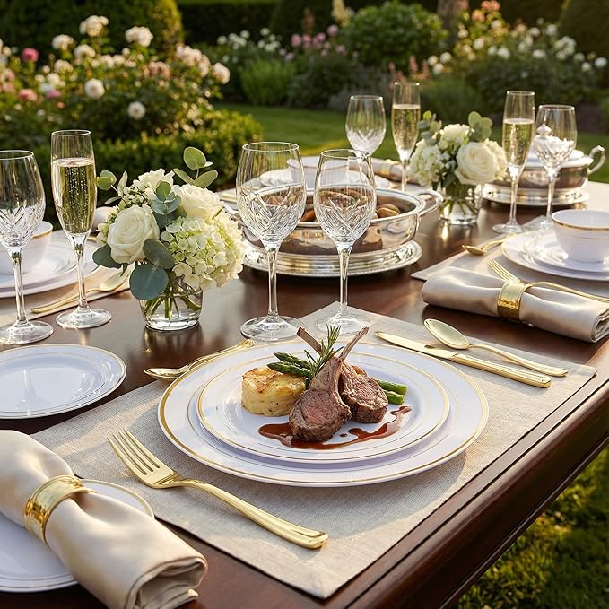 Supernal 400pcs Gold Plastic Dinnerware Set for 50 Guests-Gold Plastic Plates Heavy Duty Disposable Party Plates, 200 Gold Plastic Silverware, Linen Napkins, Clear Cups For Wedding,Birthday
