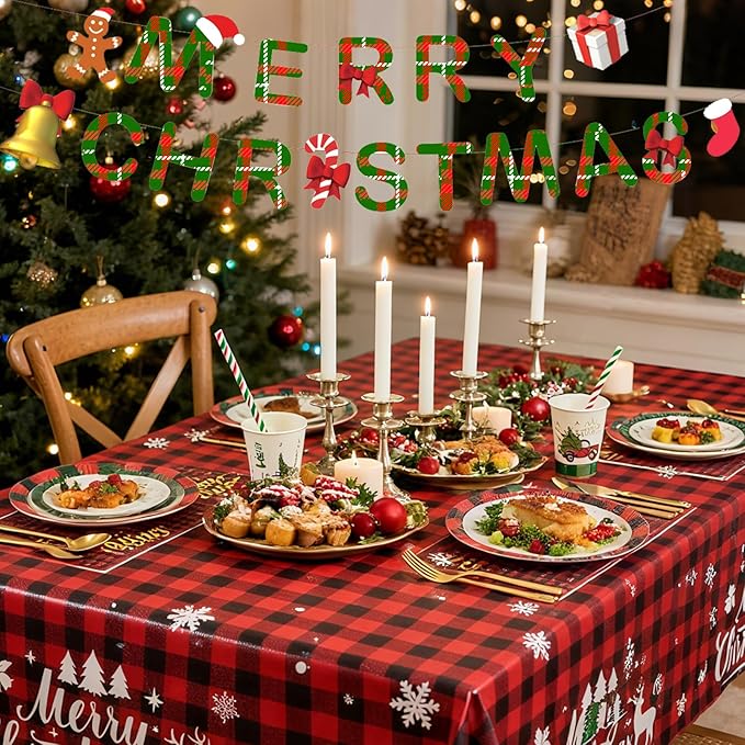 194 Pcs Christmas Paper Plates & Napkins Sets,Christmas Dinnerware/Tableware Disposable Sets Including Cups Straws Plastic Cutlery Banner Tablecloth for Xmas Party Supplies,Serves 24 Guests