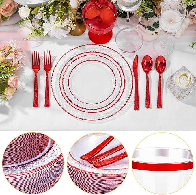 Ciaell 150 PCS Red Plastic Plates – Clear Hammered Disposable Plates with Red Rim include 50Plates, 25Forks, 25Knives, 25Spoons, 25Cups for Wedding & Party & Anniversary & Valentine's Day