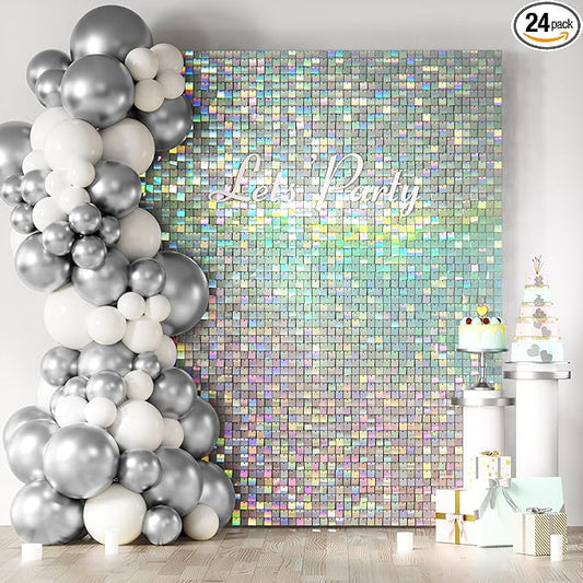 COKAOBE Iridescent Silver Shimmer Wall Backdrop, 24 Panels Square Sequin Shimmer Backdrop, Photo Backdrops for Birthday, Anniversary, Wedding, Graduation & Bachelorette Party Decoration