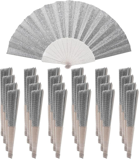 24 Pack Handheld Fan,Folding Hand Glitter fan with Shining Transparent Fan Rib – Ideal for Wedding, Church, Festival, Dance, Tea Party, Club, and EDM Accessories, Silvery