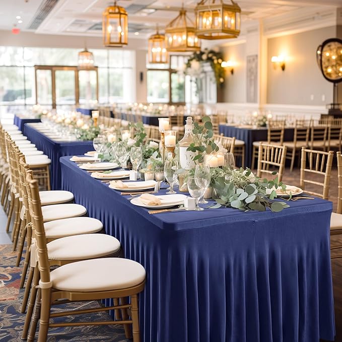 6 Pack Navy Blue Table Cloths for 6FT Rectangular Tables, Stretch Spandex with Skirt, Wrinkle Resistant, All-Season, Elegant & Versatile, Ideal for Weddings, Banquets, Trade Shows