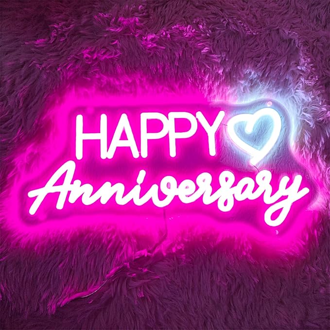 Happy Anniversary Neon Sign,Happy Anniversary Led Signs, Decoration Neon Lights for Bar Pub Christmas, Restaurant, Bedroom Wall Decor Cute Neon Signs Engagement Birthday Wedding Party,SIGNVIA