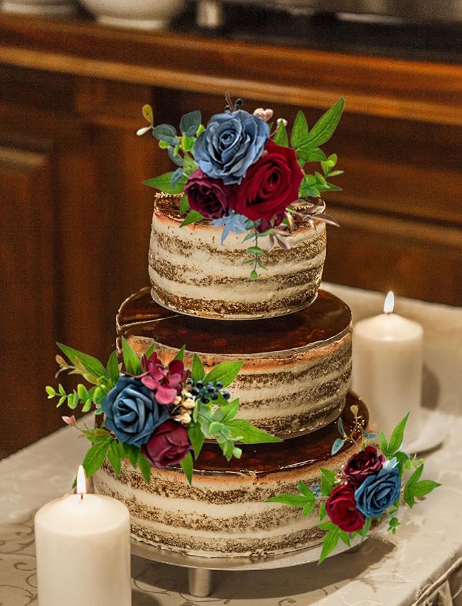 CherishedMoments 3Pcs Cake Topper Set, Wedding Artificial Flowers Decor Burgundy and Navy Blue Cake Topper Decorations for Wedding Ceremony Anniversary, Wedding Home Decor