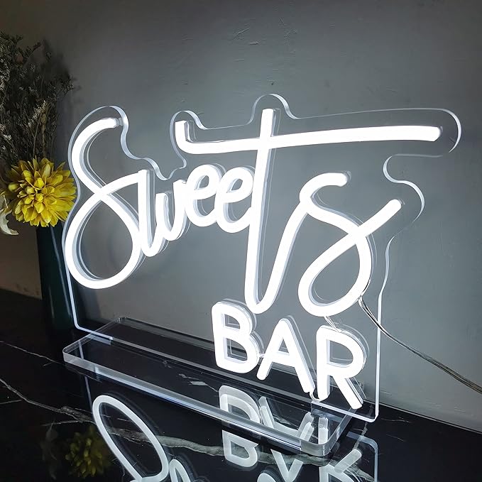 Sweet Bar Neon Sign, Handmade White LED Neon Light with Stand for Wedding Reception, Baby Shower, Home Mimosa Candy Buffet, Birthday Party, Dessert Table Sign - 15''