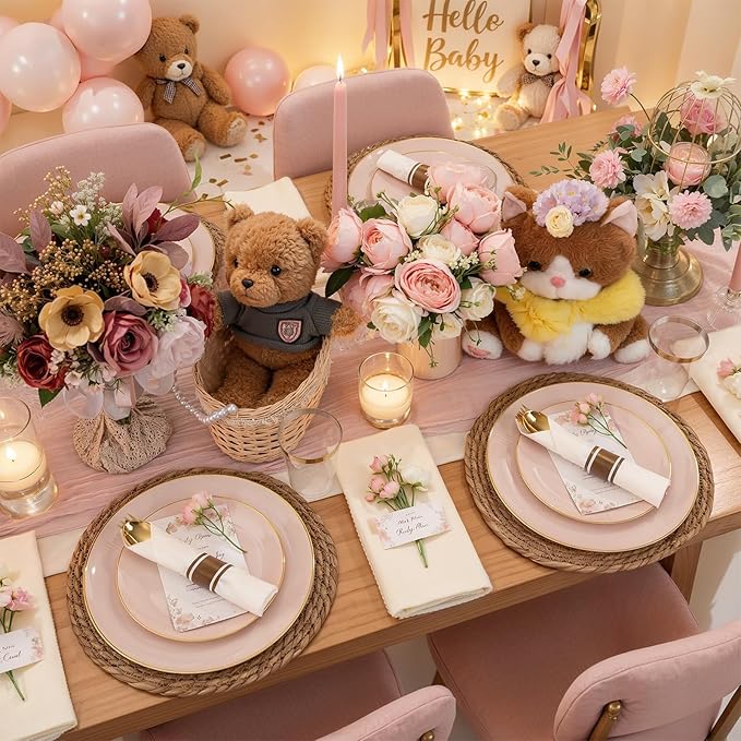 KIRE 350 PCS Pink Plastic Plates - Pink and Gold Disposable Dinnerware 50 Guest Include 50 Dinner Plate - 50Dessert Plate - 50Pre Rolled Napkins with Silverware for Valentine’s Day/Wedding/Baby Shower