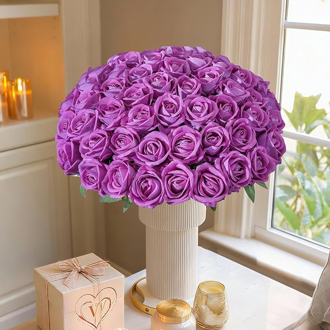 50 PCS Roses Artificial Flowers, Fake Roses with Stem Realistic Fuchsia Silk Roses for DIY Wedding Bouquets Table Centerpieces Arrangements Baby Shower Birthday Home Decor Valentine's Day Gift for Her