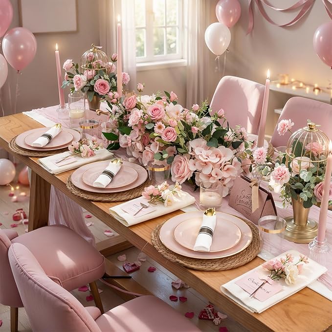 KIRE 350 PCS Pink Plastic Plates - Pink and Gold Disposable Dinnerware 50 Guest Include 50 Dinner Plate - 50Dessert Plate - 50Pre Rolled Napkins with Silverware for Valentine’s Day/Wedding/Baby Shower