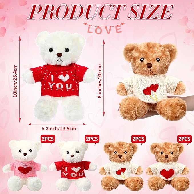 Hungdao 8 Pcs Valentines Bears Bulk 9.84 Inch Valentines Stuffed Animals Bulk Small Cute Plush Bears with Heart Clothes Valentine Gifts for Girlfriend Mother's Day Wedding Birthday Party(Sweet Style)