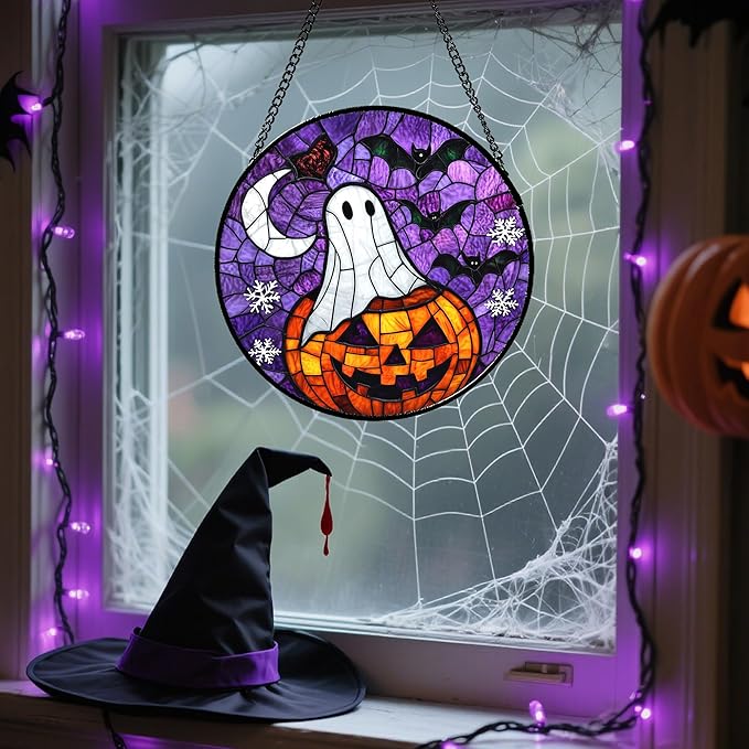 Stained Glass Window Hanging Halloween Horror Pumpkin 11.8" - Suncatcher Door Garden Sunroom Gothic Style Ghost Bat Sun Catcher Birthday for Friend Mom Men Woman Nana