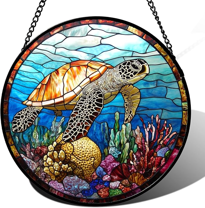 Stained Glass Window Hanging Blue Sea Ocean Coral Turtle Large 11.8" - Suncatcher Door Garden Sunroom Sun Catcher Home Decor Birthday Christmas for Mom Men Woman Nana
