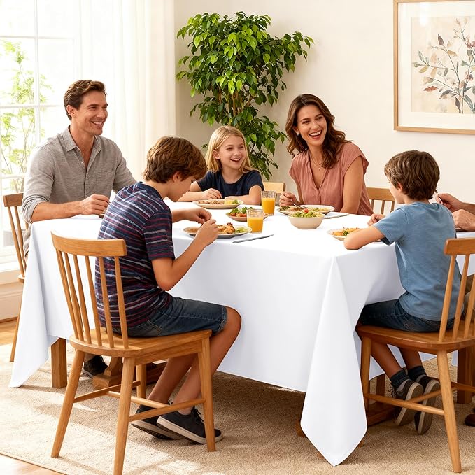6-Pack White Tablecloths for Square Tables, 70 x 70 Inches, Stain-Resistant Polyester Fabric for 3 Foot Tables - Washable Table Covers for Weddings, Banquets, Birthday Parties, Events