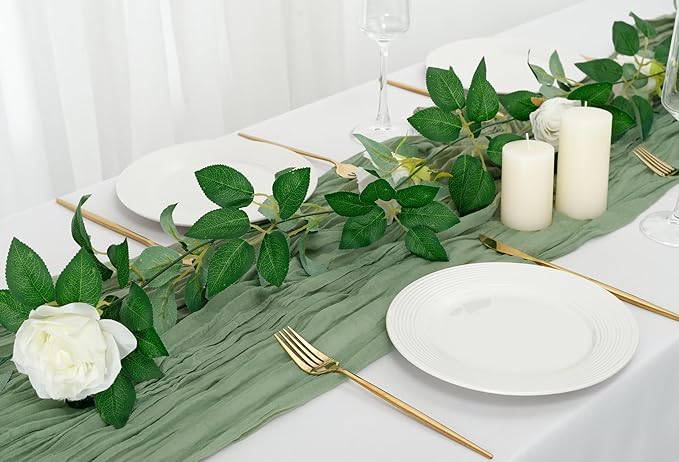 combocube 12 Pack 35x120 Inch 10Ft Cheesecloth Long Table Runner Gauze Rustic Romantic Table Cloth for Wedding Reception Bridal Shower Holiday Birthday Party Table Decorations, Sage Green