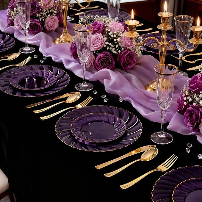 YOUBET 125PCS Purple Plastic Dinnerware Set - Gold and Clear Purple Disposable Plates Include 50 Plastic Plates 75 Silverwares for Wedding Birthday Parties & Mardi Gras Party